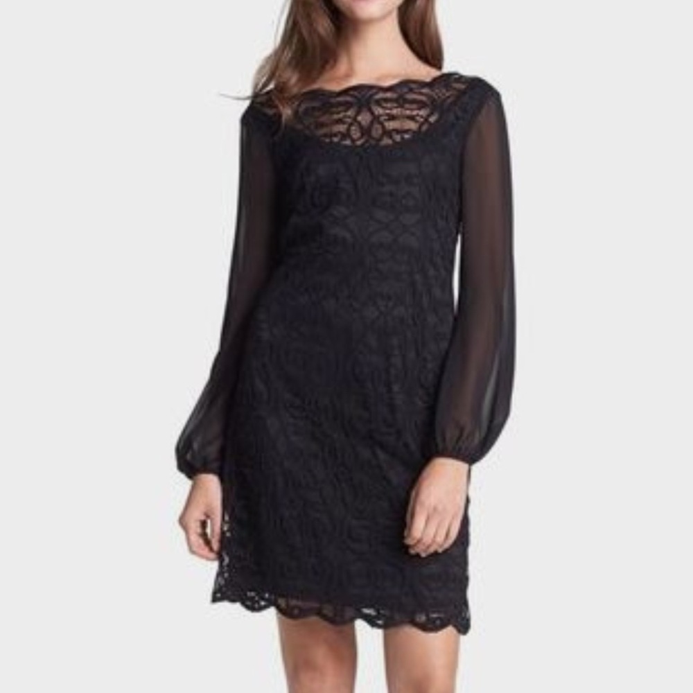 EUC Adrianna Papell Black Lace Cocktail Dress (LBD) Balloon Sleeve, Size 8